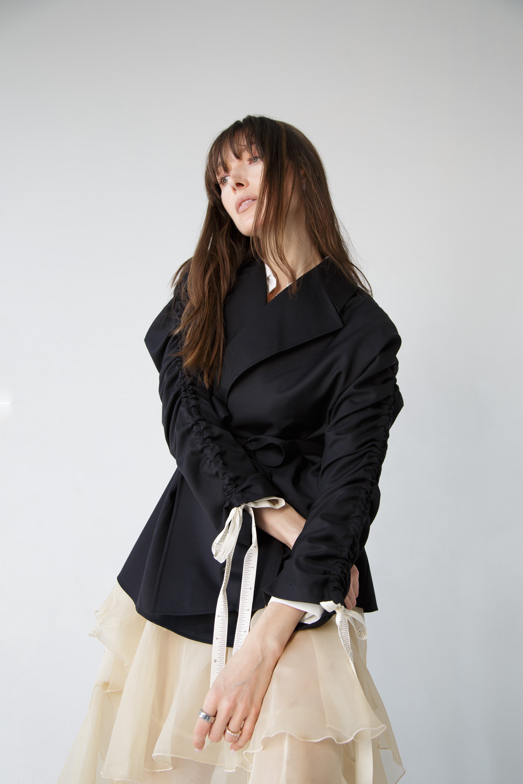 Gathered Sleeve Wool Blazer