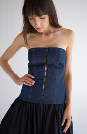 Long Button Detail Bubble Dress in Denim